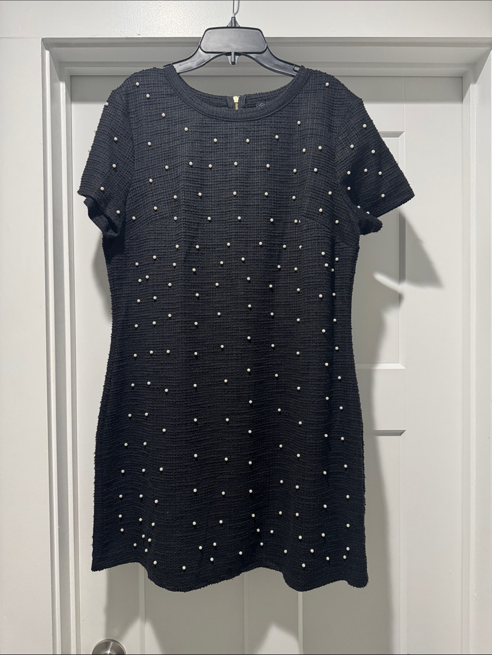 Pearl detail mini black dress